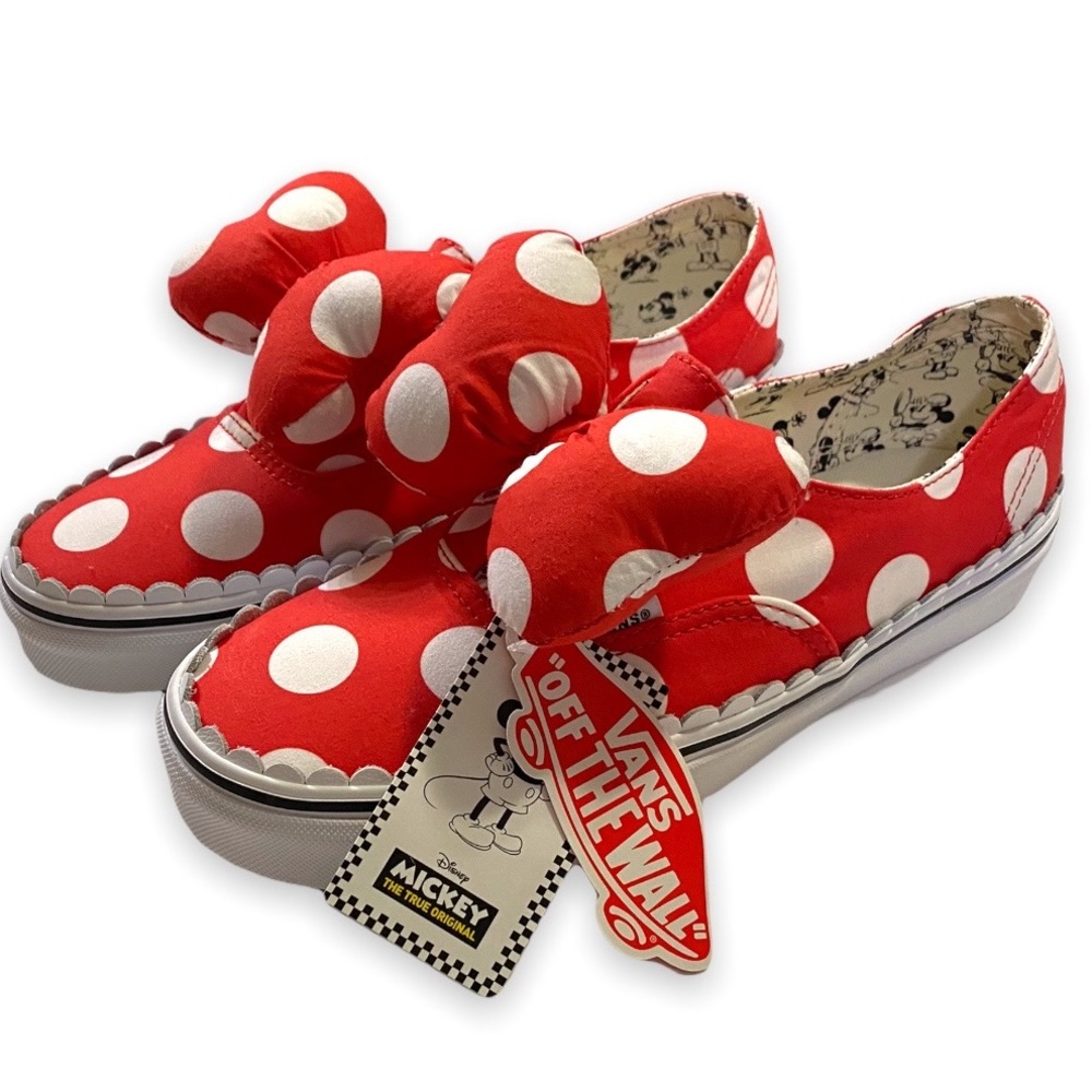 NWT Vans x Disney Minnie Mouse Red Polka Dot Puffy Bow Slip On Sneakers Size 9 - Picture 1 of 11